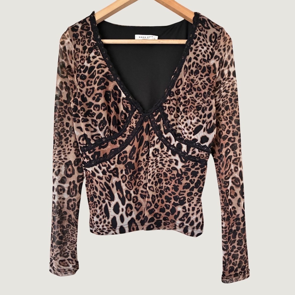 Good Days Babydoll Y2K Leopard Print Mesh Lace Trim V-Neck Long Sleeve Top Large